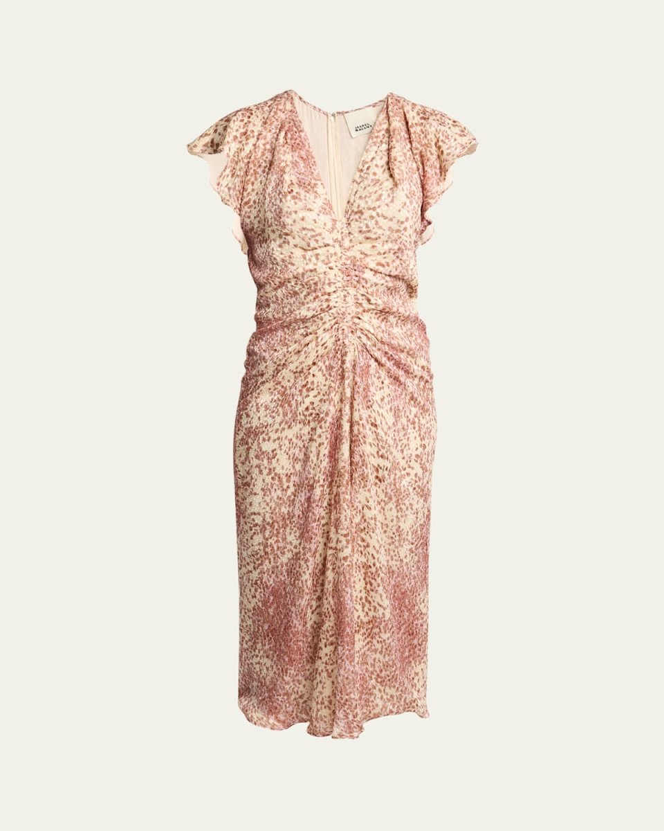 Lyndsay Spotted Velvet Burnout Flutter-Sleeve Midi Dress